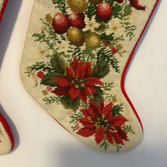 2 VTG Ornaments & Poinsettia Needlepoint Stockings Wool Embroidery - Picture 3 of 6